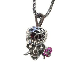 Gunmetal Gray Skull with Red Round Crystal Rose in Teeth Pendant 20"